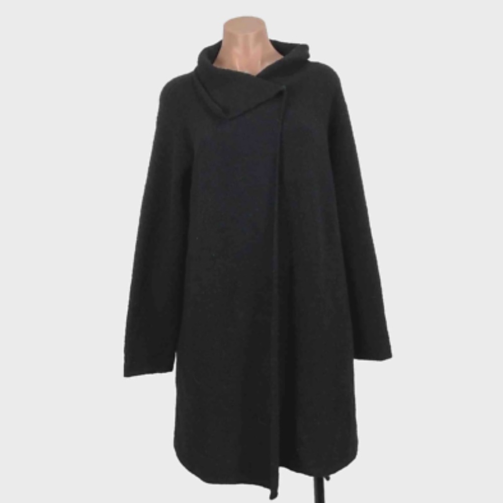 Eileen Fisher black cowl neck open front wool long sweater jacket S